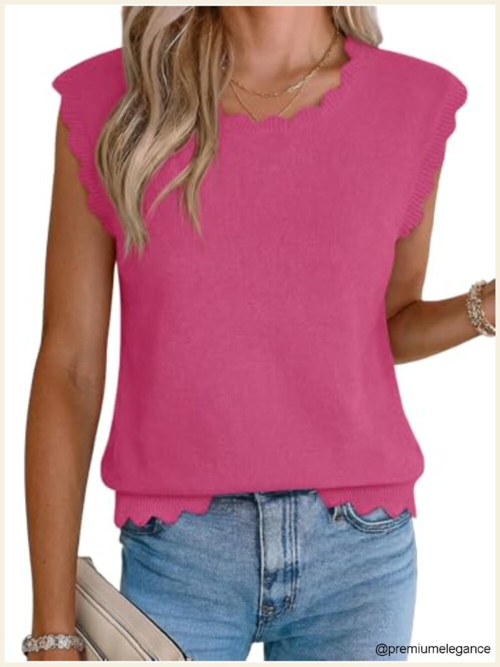 Sleeveless Knit Sweater Vest Tank Top Scallop Trim Loose Fit